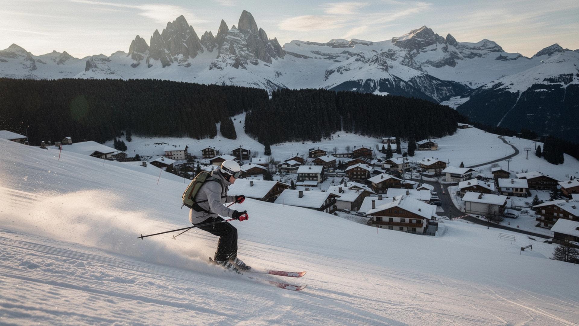 Skier on a groomed piste above an alpine village in clear winter light